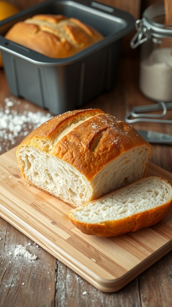 Freshly baked homemade bread on a cutting board with slices cut, in a rustic kitchen.